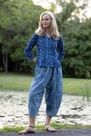 Womens Pants & Top, 100% Cotton, Hand Block Print, Summer. Sol Pants in Natural Blue - Indigo Check & Mandalay blouse in Indigo Rasa.