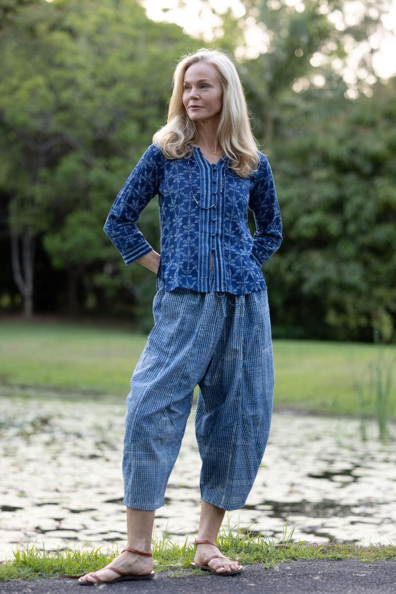 Womens Pants & Top, 100% Cotton, Hand Block Print, Summer. Sol Pants in Natural Blue - Indigo Check & Mandalay blouse in Indigo Rasa.