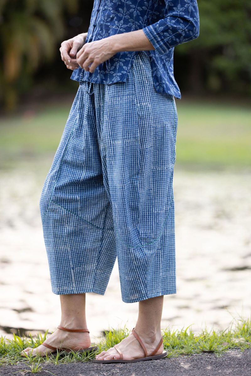 Womens Pants, 100% Cotton, Hand Block Print, Summer. Sol Pants in Natural Blue - Indigo Check