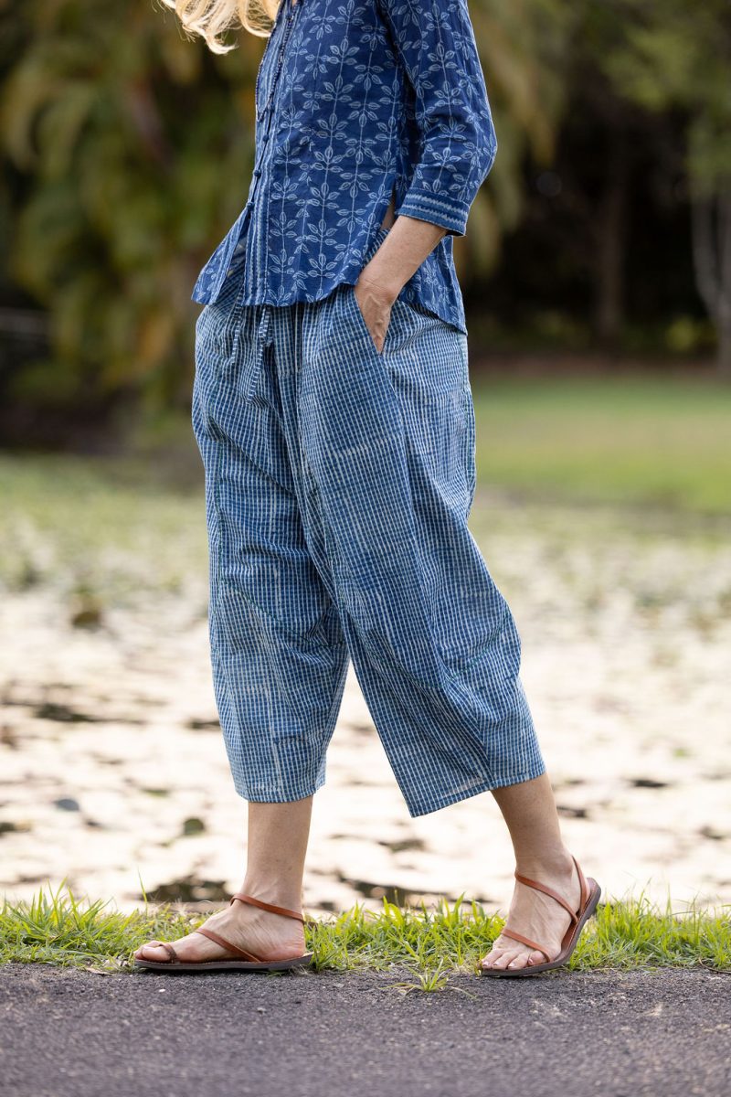 Womens Pants, 100% Cotton, Hand Block Print, Summer. Sol Pants in Natural Blue - Indigo Check