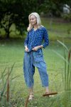 Womens Pants & Top, 100% Cotton, Hand Block Print, Summer. Sol Pants in Natural Blue - Indigo Check & Mandalay blouse in Indigo Rasa.