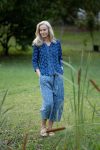 Womens Pants & Top, 100% Cotton, Hand Block Print, Summer. Sol Pants in Natural Blue - Indigo Check & Mandalay blouse in Indigo Rasa.