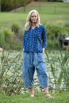Womens Pants & Top, 100% Cotton, Hand Block Print, Summer. Sol Pants in Natural Blue - Indigo Check & Mandalay blouse in Indigo Rasa.