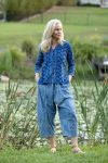 Womens Pants & Top, 100% Cotton, Hand Block Print, Summer. Sol Pants in Natural Blue - Indigo Check & Mandalay blouse in Indigo Rasa.