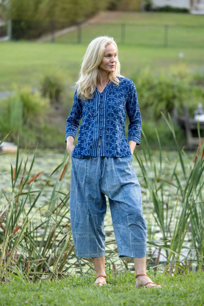 Womens Pants & Top, 100% Cotton, Hand Block Print, Summer. Sol Pants in Natural Blue - Indigo Check & Mandalay blouse in Indigo Rasa.