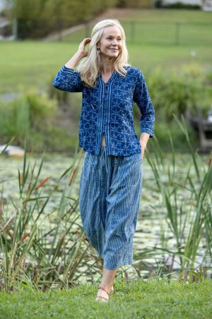 Womens Pants & Top, 100% Cotton, Hand Block Print, Summer. Sol Pants in Natural Blue - Indigo Check & Mandalay blouse in Indigo Rasa.