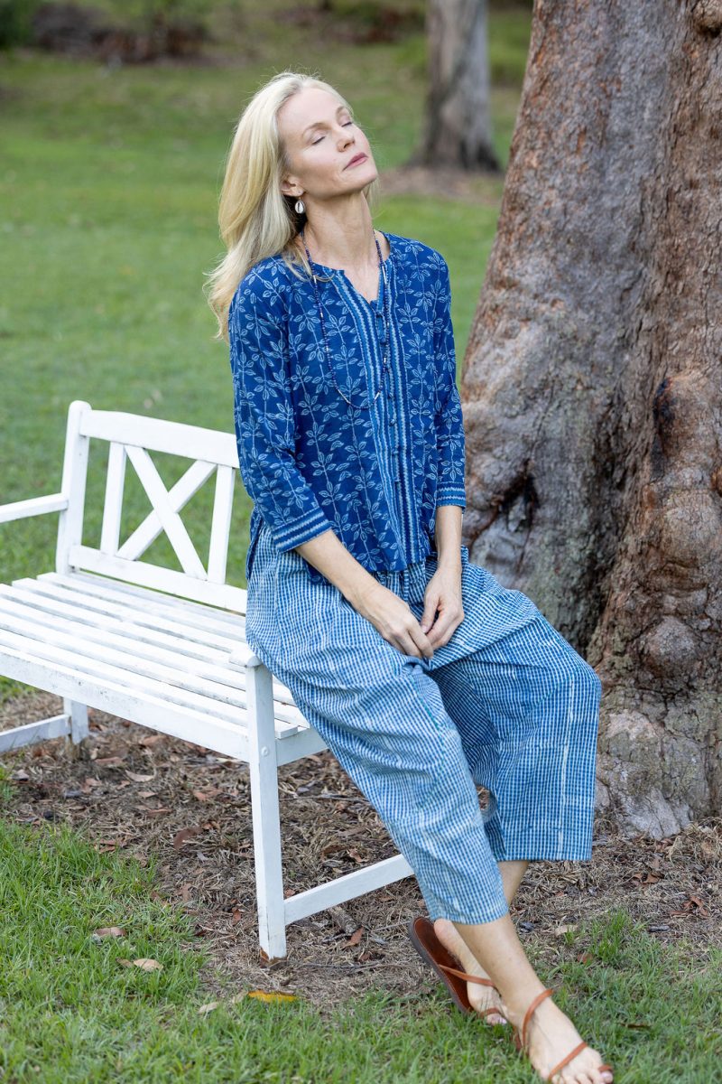 Womens Pants & Top, 100% Cotton, Hand Block Print, Summer. Sol Pants in Natural Blue - Indigo Check & Mandalay blouse in Indigo Rasa.