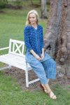 Womens Pants & Top, 100% Cotton, Hand Block Print, Summer. Sol Pants in Natural Blue - Indigo Check & Mandalay blouse in Indigo Rasa.