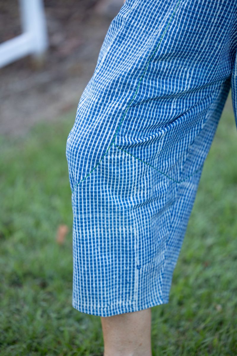 Womens Pants, 100% Cotton, Hand Block Print, Summer. Sol Pants in Natural Blue - Indigo Check
