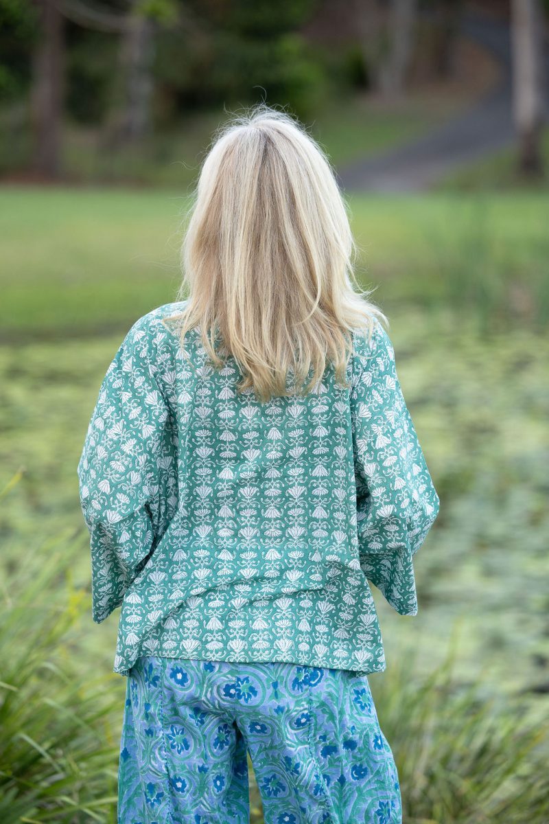 Womens, Lotus Jacket, full sleeve, 100% cotton, hand block print. In a Green Lotus print - Jade