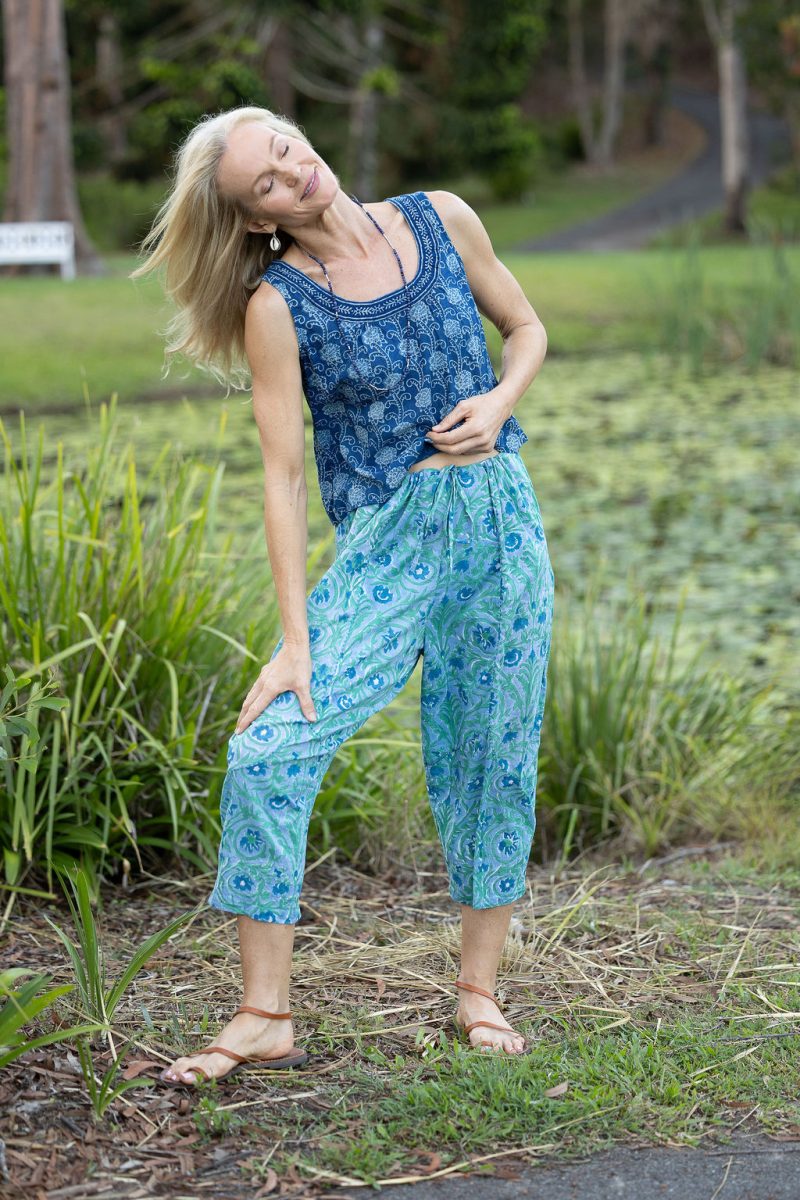 Womens Pants & Top, 100% Cotton, Hand Block Print, Summer. Sol Pants in Soft Oceanic Blue - Amara & Lola top in natural blue - Indigo Nivara.
