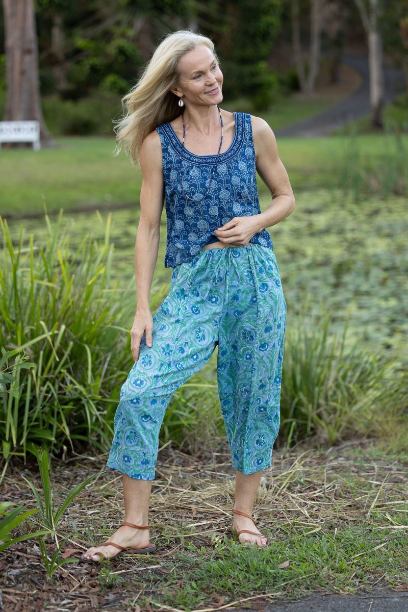 Womens Pants & Top, 100% Cotton, Hand Block Print, Summer. Sol Pants in Soft Oceanic Blue - Amara & Lola top in natural blue - Indigo Nivara.