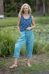 Womens Pants & Top, 100% Cotton, Hand Block Print, Summer. Sol Pants in Soft Oceanic Blue - Amara & Lola top in natural blue - Indigo Nivara.