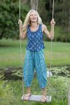Womens Pants & Top, 100% Cotton, Hand Block Print, Summer. Sol Pants in Soft Oceanic Blue - Amara & Lola top in natural blue - Indigo Nivara.