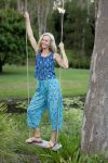 Womens Pants & Top, 100% Cotton, Hand Block Print, Summer. Sol Pants in Soft Oceanic Blue - Amara & Lola top in natural blue - Indigo Nivara.