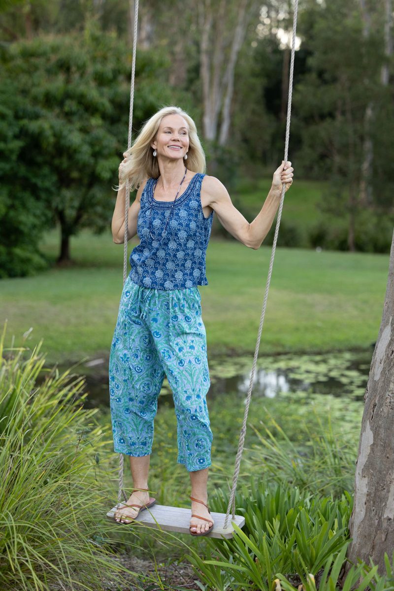 Womens Pants & Top, 100% Cotton, Hand Block Print, Summer. Sol Pants in Soft Oceanic Blue - Amara & Lola top in natural blue - Indigo Nivara.