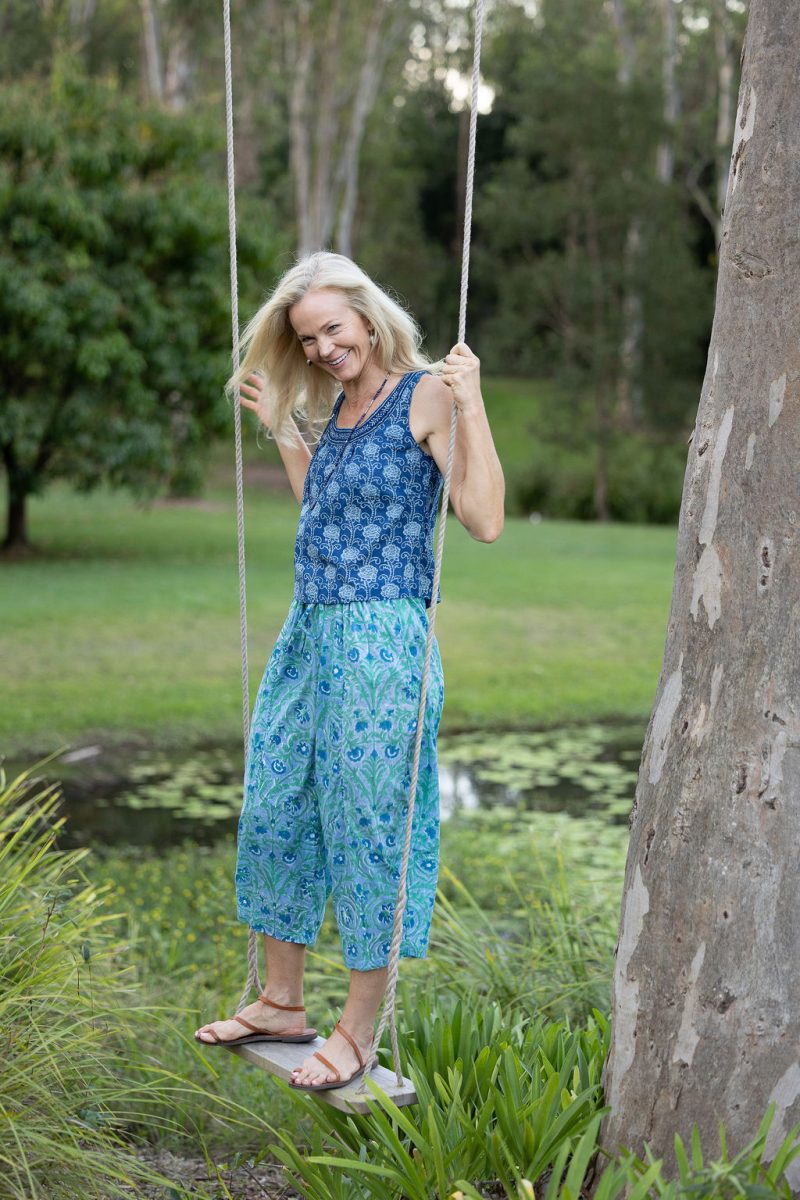 Womens Pants & Top, 100% Cotton, Hand Block Print, Summer. Sol Pants in Soft Oceanic Blue - Amara & Lola top in natural blue - Indigo Nivara.