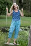 Womens Pants & Top, 100% Cotton, Hand Block Print, Summer. Sol Pants in Soft Oceanic Blue - Amara & Lola top in natural blue - Indigo Nivara.