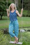 Womens Pants & Top, 100% Cotton, Hand Block Print, Summer. Sol Pants in Soft Oceanic Blue - Amara & Lola top in natural blue - Indigo Nivara.
