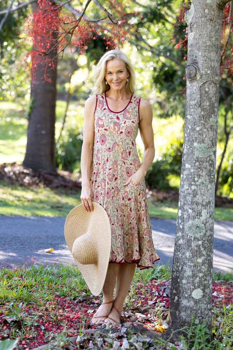 Womens, midi, Flamenco Dress, sleeveless, 100% Cotton, hand block print. Sepia floral - Radha.