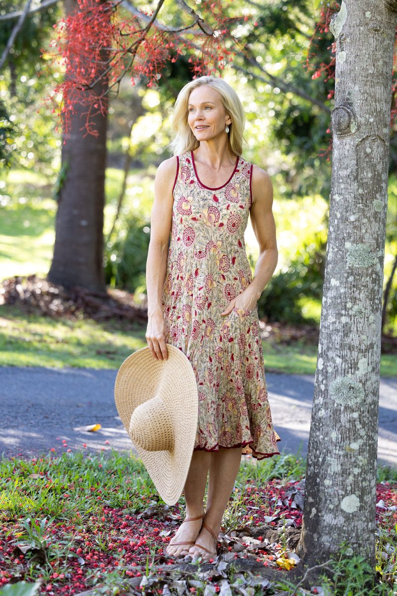 Womens, midi, Flamenco Dress, sleeveless, 100% Cotton, hand block print. Sepia floral - Radha.