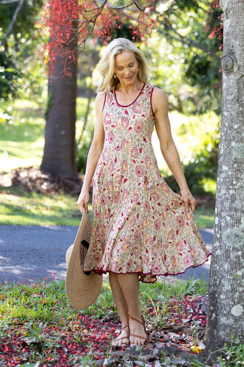 Womens, midi, Flamenco Dress, sleeveless, 100% Cotton, hand block print. Sepia floral - Radha.