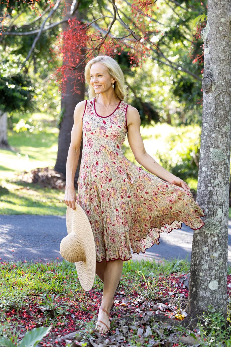 Womens, midi, Flamenco Dress, sleeveless, 100% Cotton, hand block print. Sepia floral - Radha.