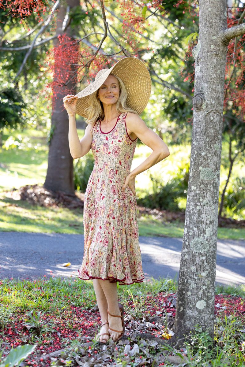Womens, midi, Flamenco Dress, sleeveless, 100% Cotton, hand block print. Sepia floral - Radha.