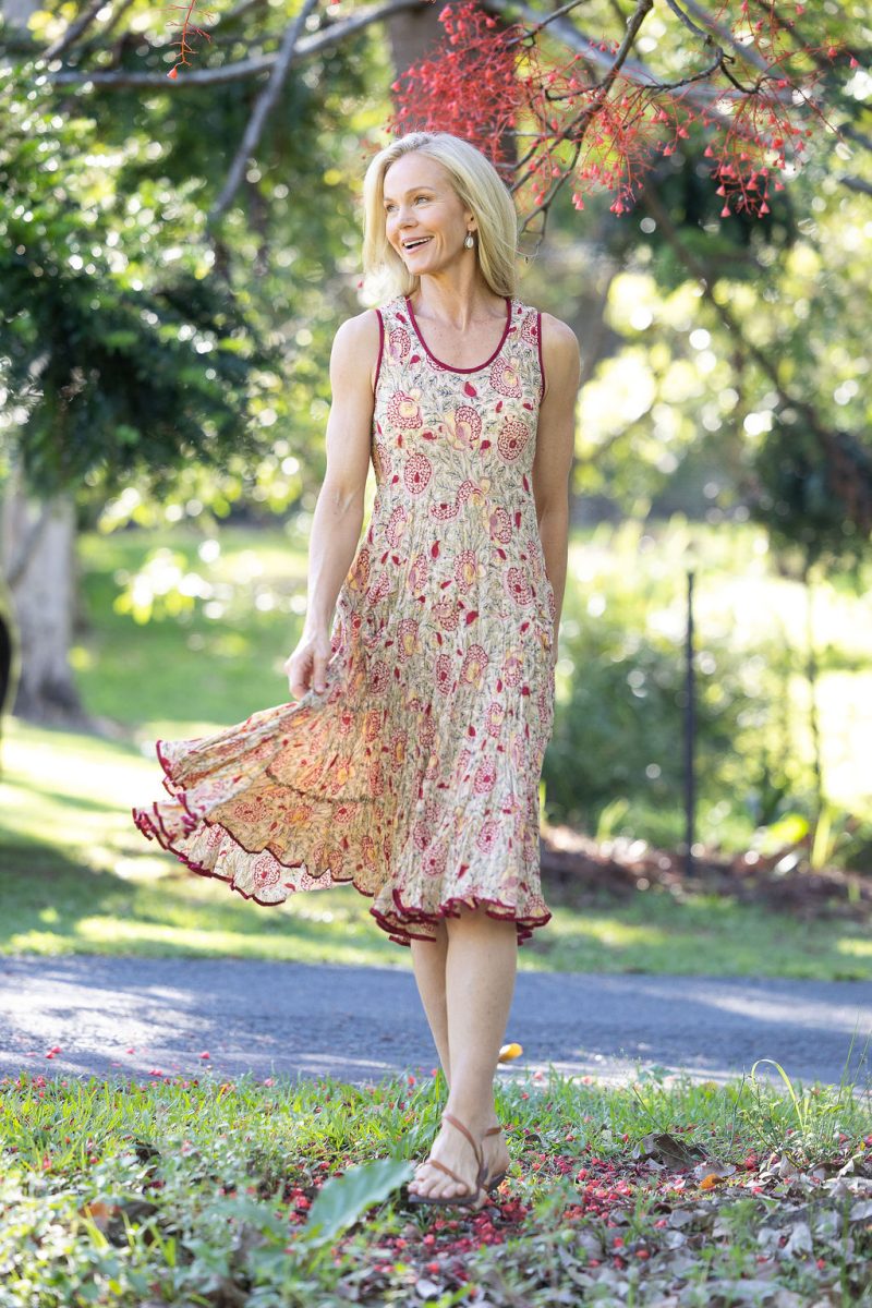 Womens, midi, Flamenco Dress, sleeveless, 100% Cotton, hand block print. Sepia floral - Radha.