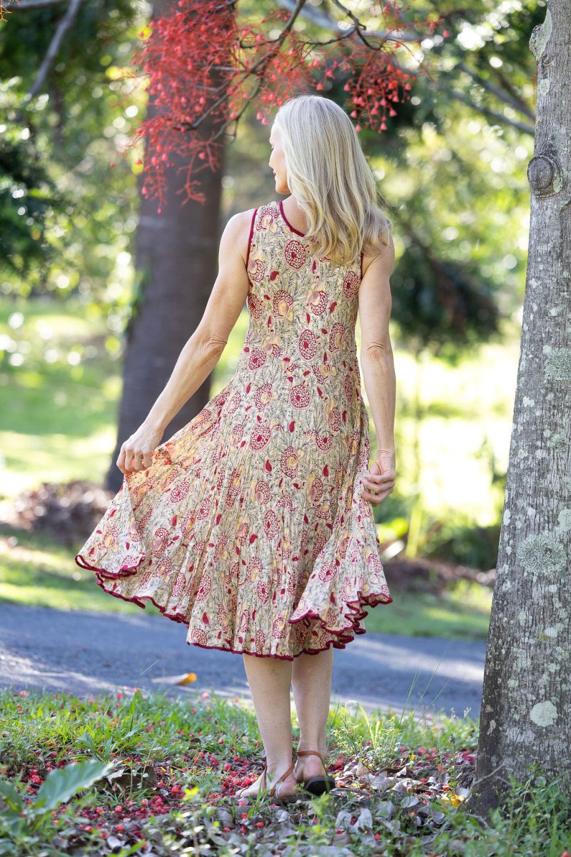 Womens, midi, Flamenco Dress, sleeveless, 100% Cotton, hand block print. Sepia floral - Radha.