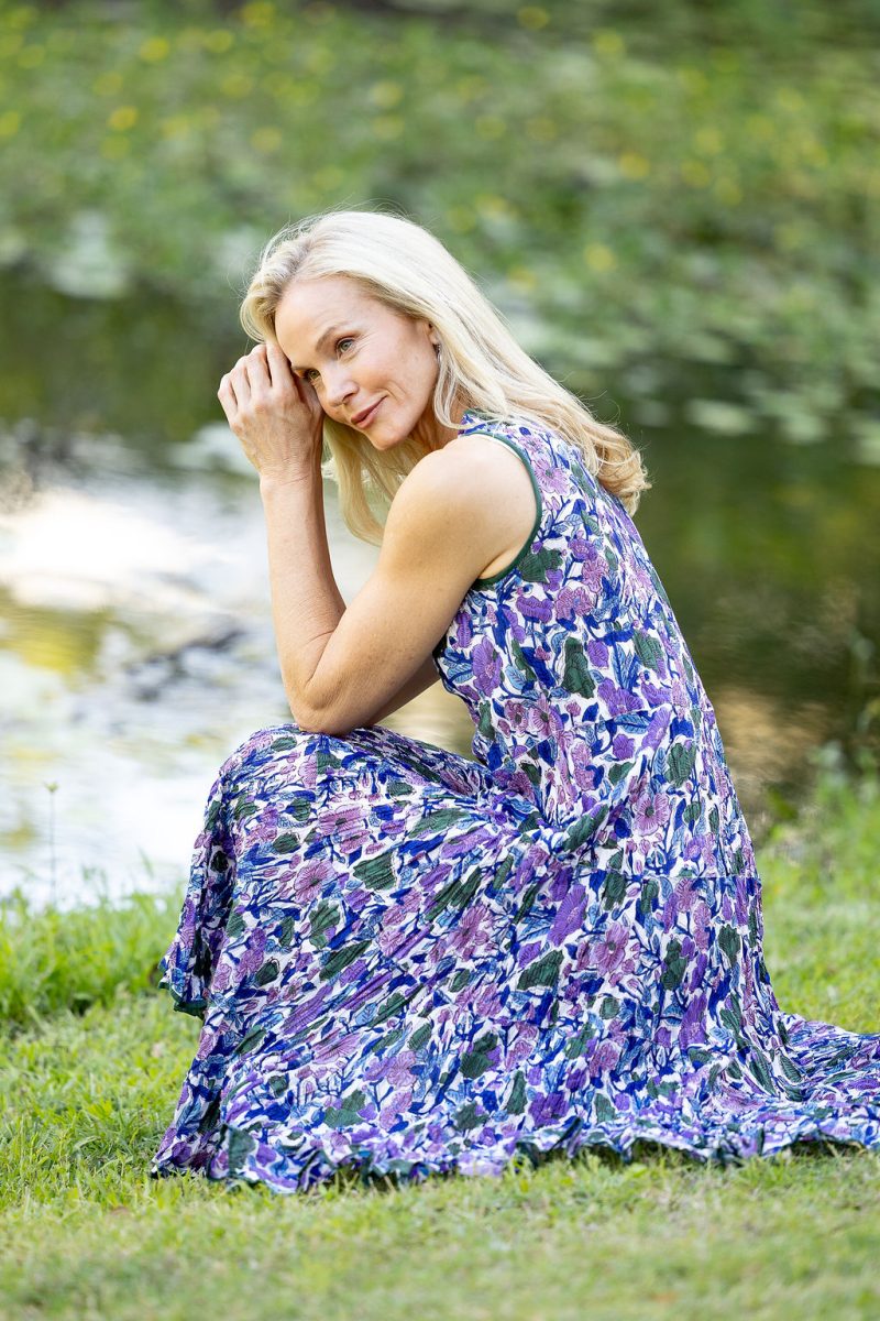 Womens, midi, Flamenco Dress, sleeveless, 100% Cotton, hand block print. Tones of violet & purple - Violetta.