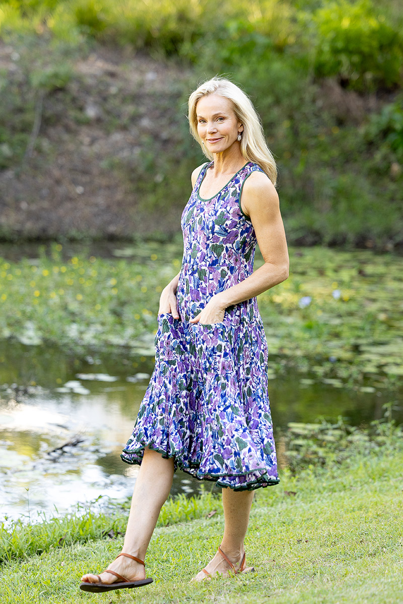 Womens, midi, Flamenco Dress, sleeveless, 100% Cotton, hand block print. Tones of violet & purple - Violetta.