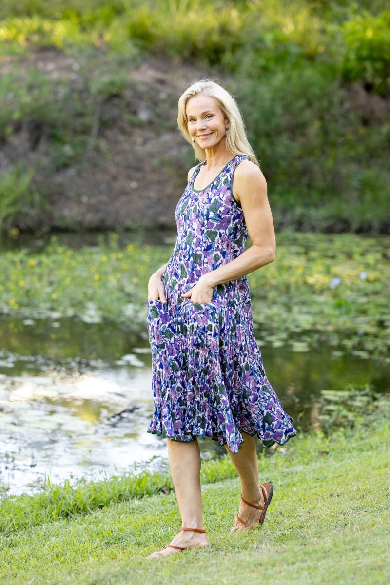 Womens, midi, Flamenco Dress, sleeveless, 100% Cotton, hand block print. Tones of violet & purple - Violetta.