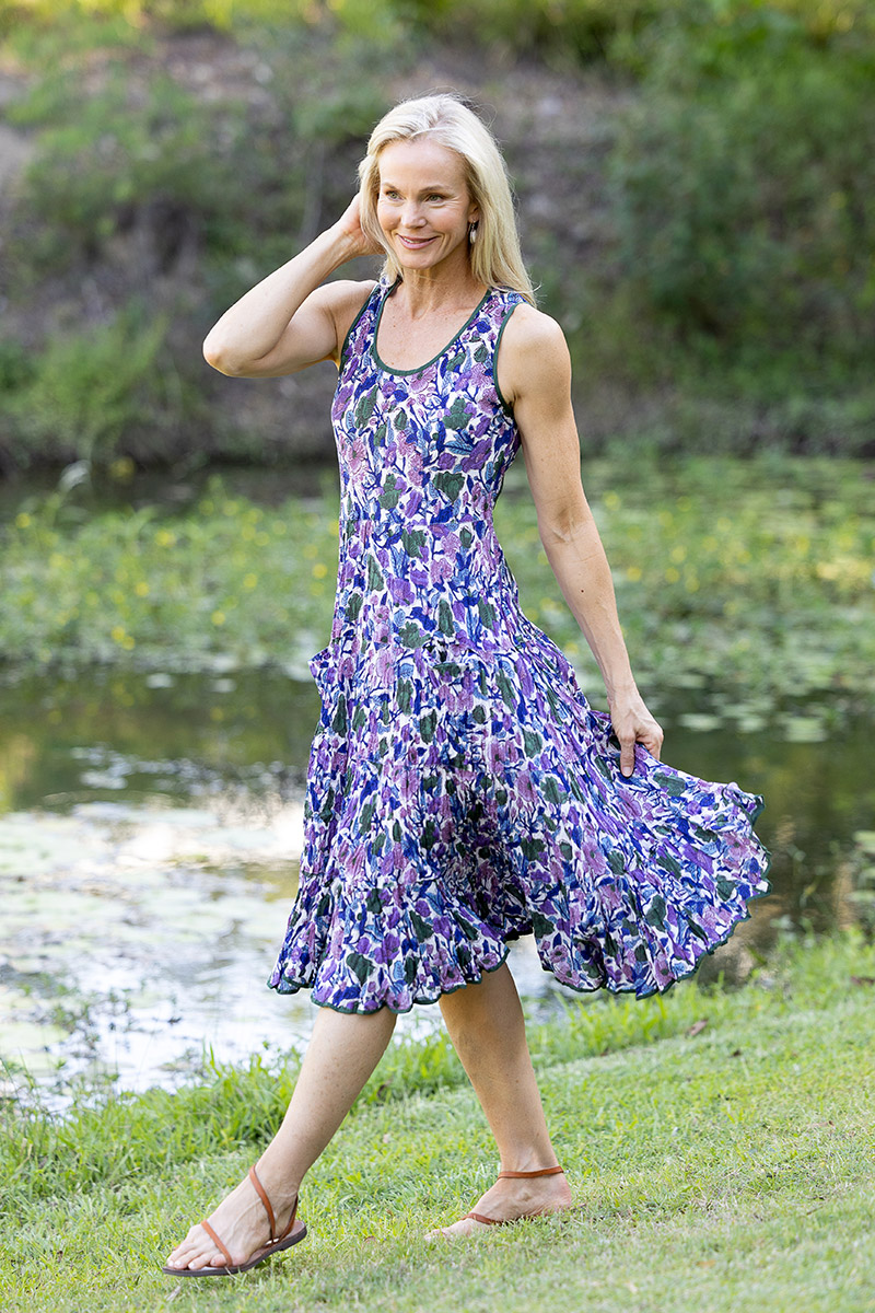 Womens, midi, Flamenco Dress, sleeveless, 100% Cotton, hand block print. Tones of violet & purple - Violetta.