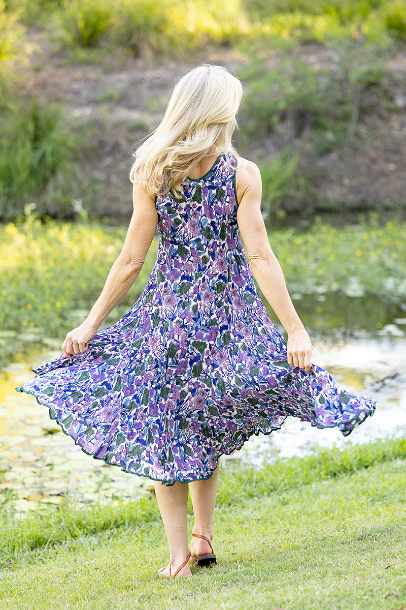 Womens, midi, Flamenco Dress, sleeveless, 100% Cotton, hand block print. Tones of violet & purple - Violetta.