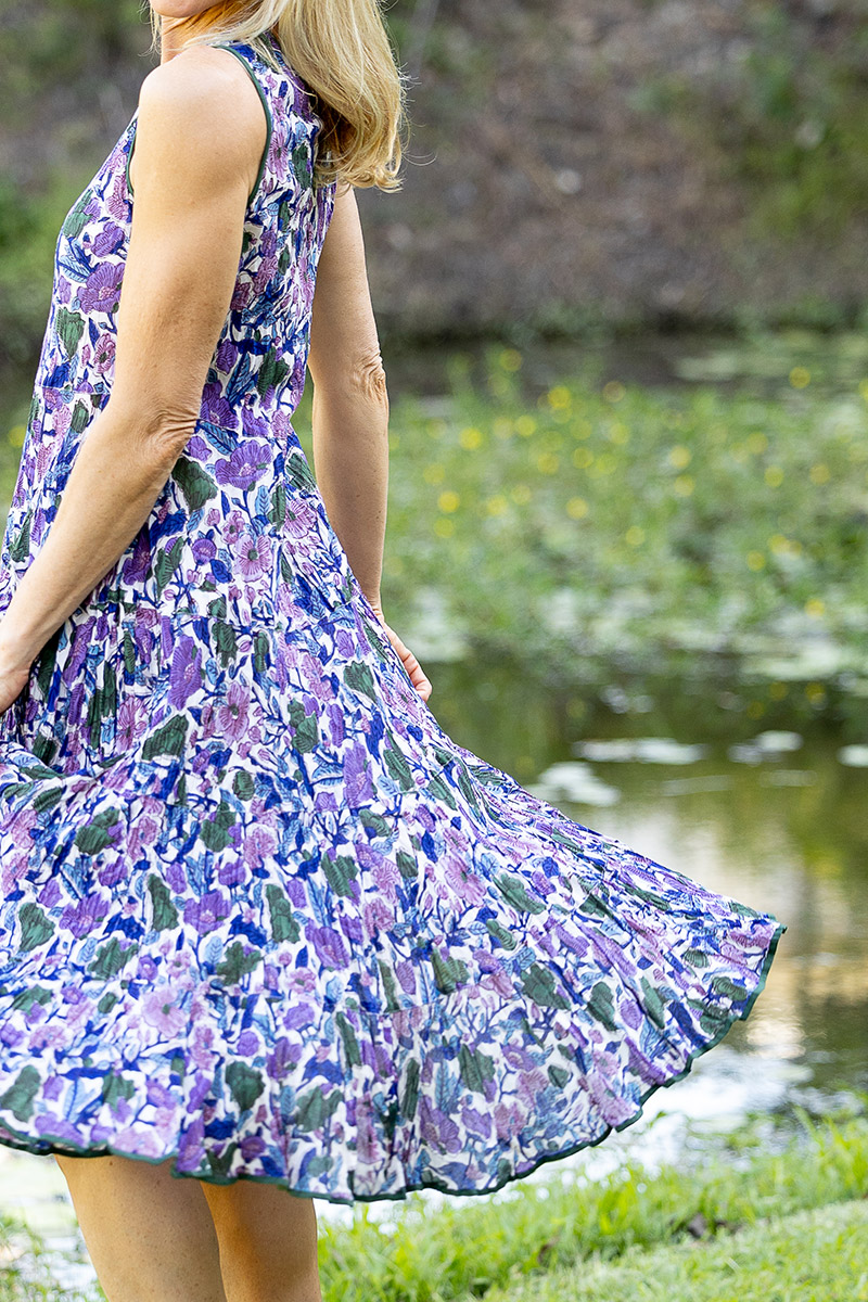 Womens, midi, Flamenco Dress, sleeveless, 100% Cotton, hand block print. Tones of violet & purple - Violetta.