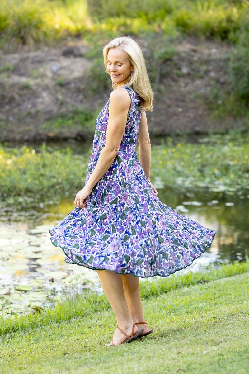 Womens, midi, Flamenco Dress, sleeveless, 100% Cotton, hand block print. Tones of violet & purple - Violetta.