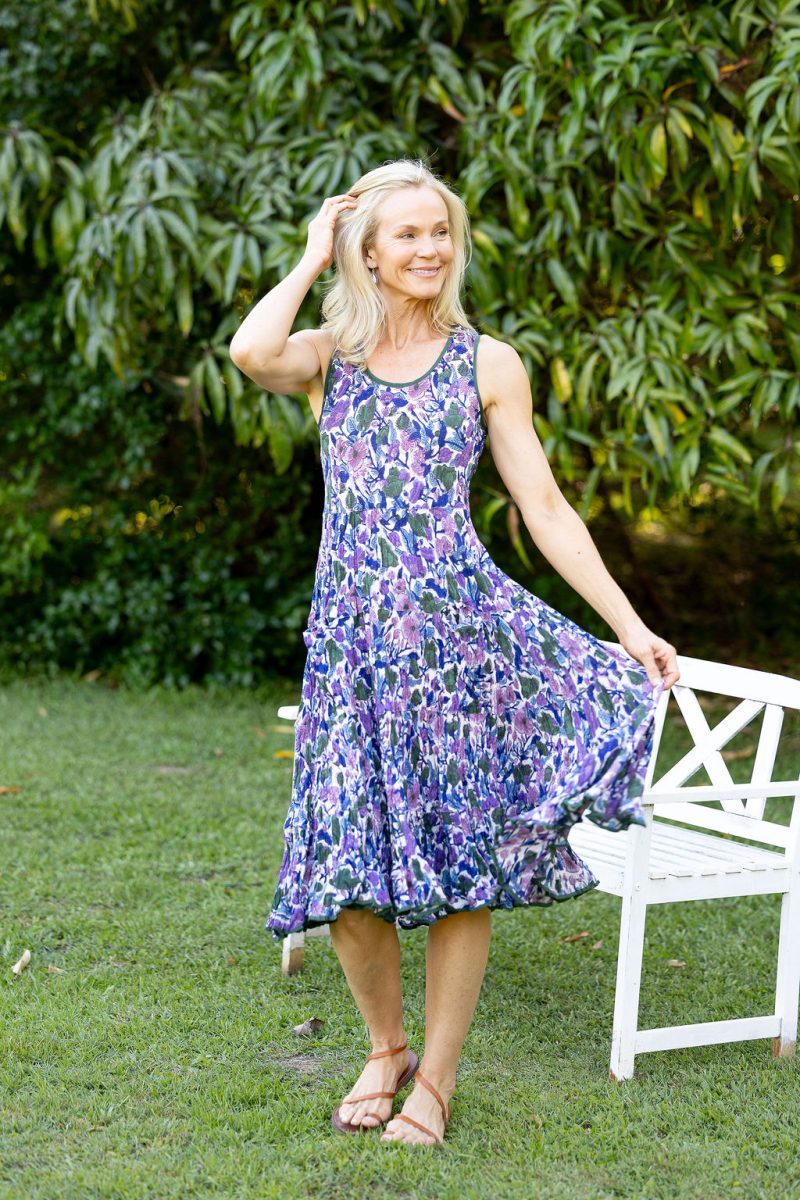 Womens, midi, Flamenco Dress, sleeveless, 100% Cotton, hand block print. Tones of violet & purple - Violetta.