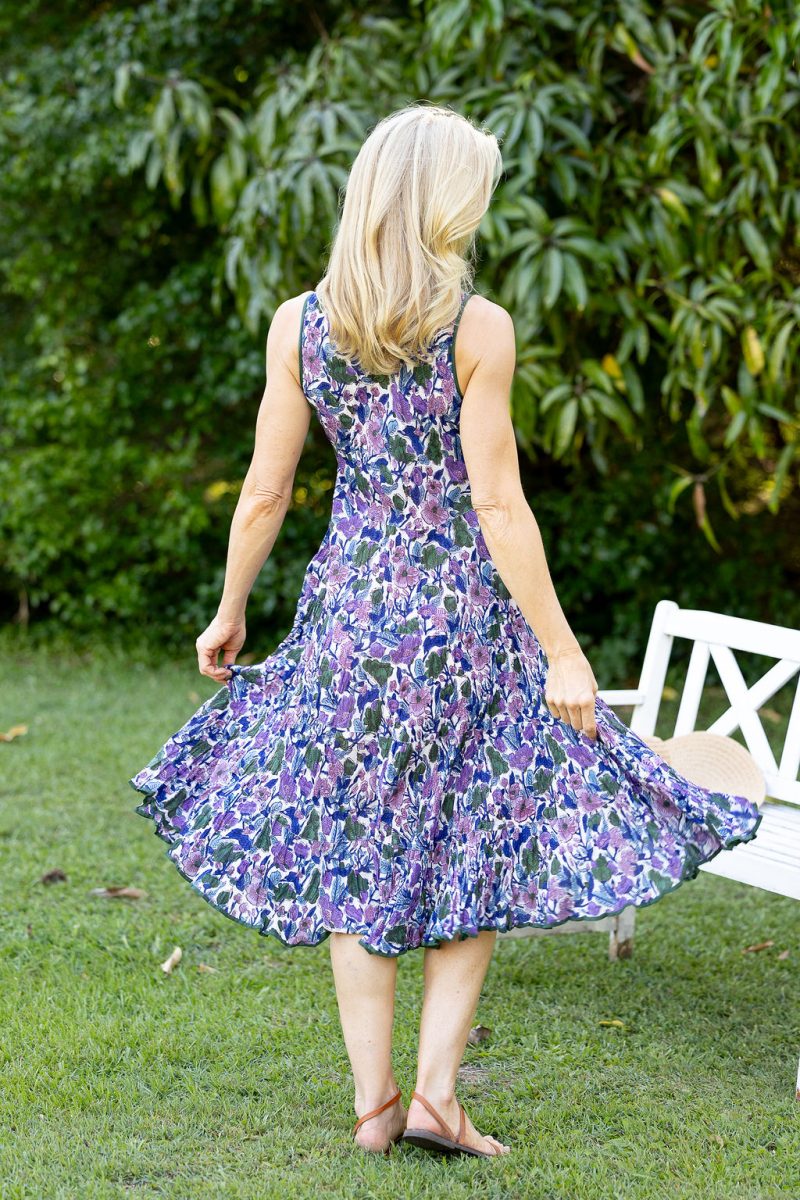 Womens, midi, Flamenco Dress, sleeveless, 100% Cotton, hand block print. Tones of violet & purple - Violetta.