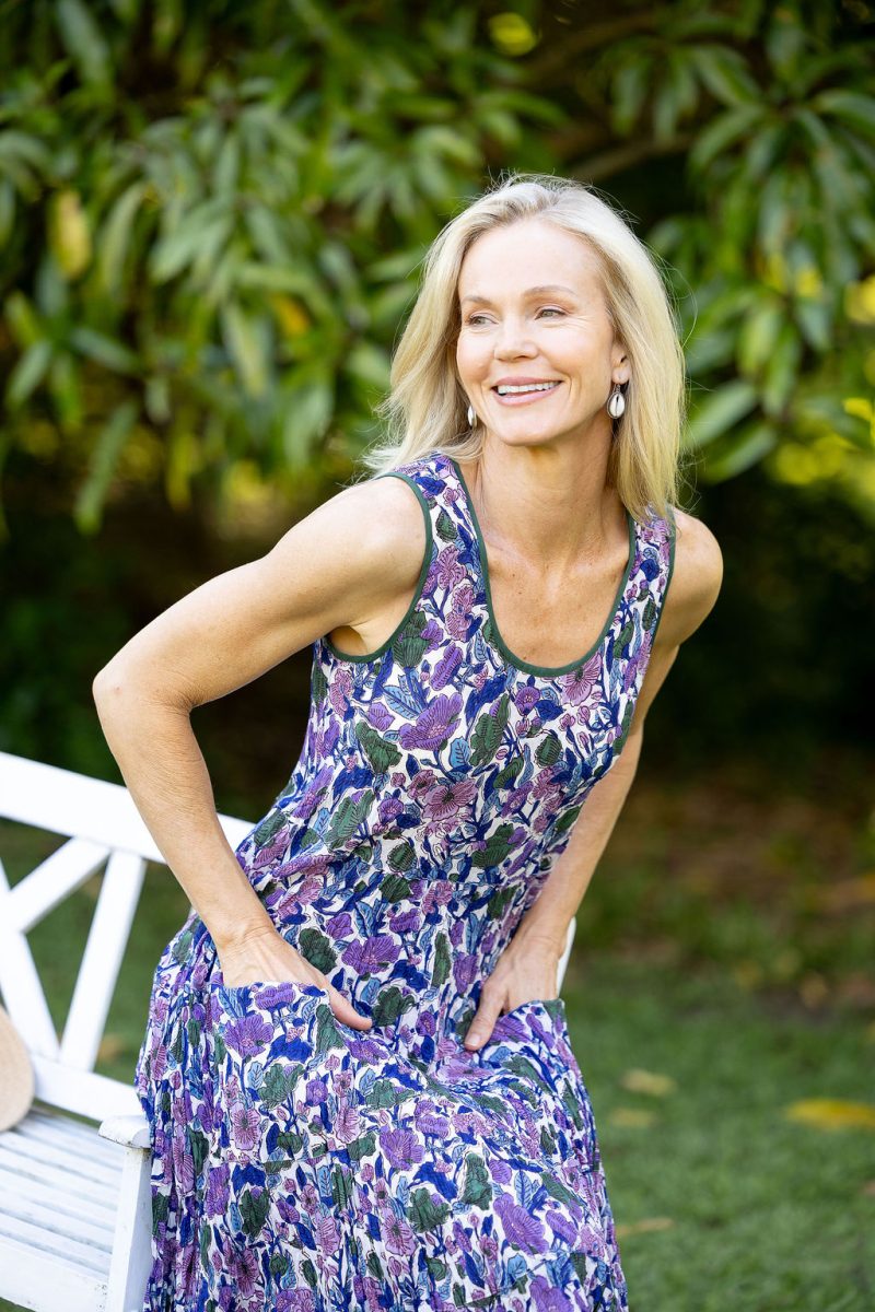 Womens, midi, Flamenco Dress, sleeveless, 100% Cotton, hand block print. Tones of violet & purple - Violetta.