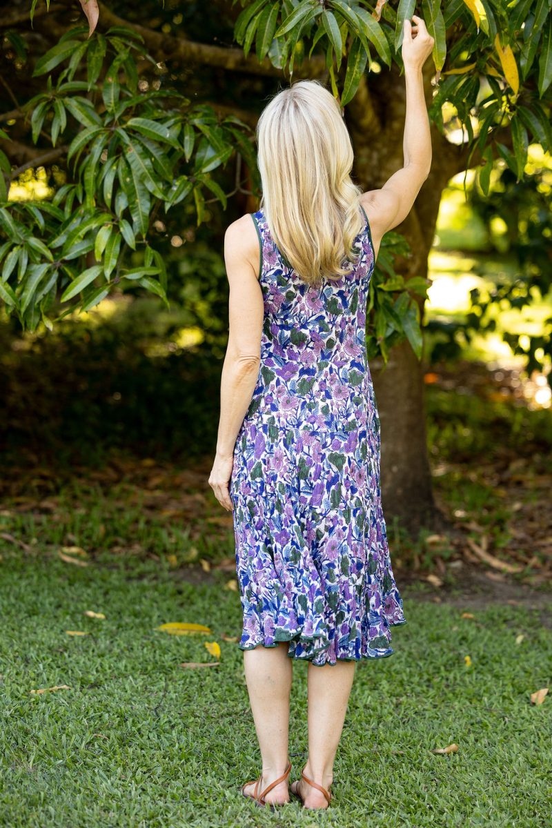 Womens, midi, Flamenco Dress, sleeveless, 100% Cotton, hand block print. Tones of violet & purple - Violetta.