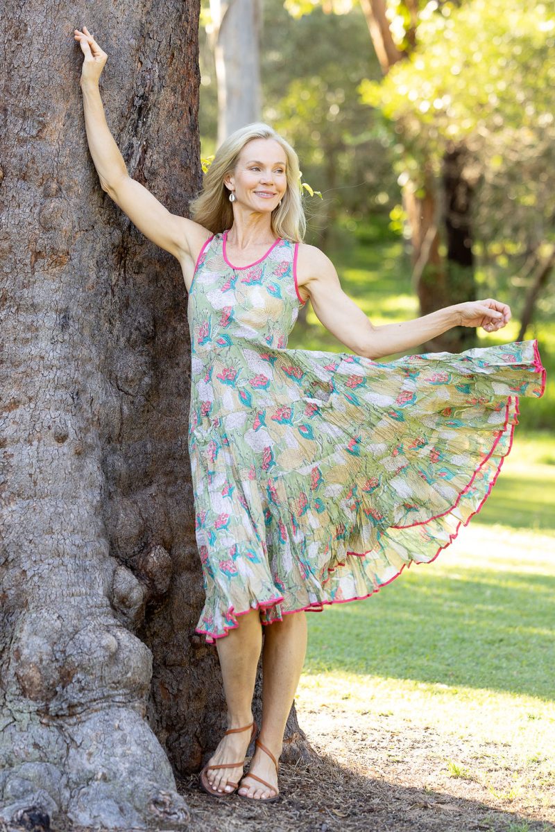 Womens, midi, Flamenco Dress, sleeveless, 100% Cotton, hand block print. Leafy Green & Pink - Raya