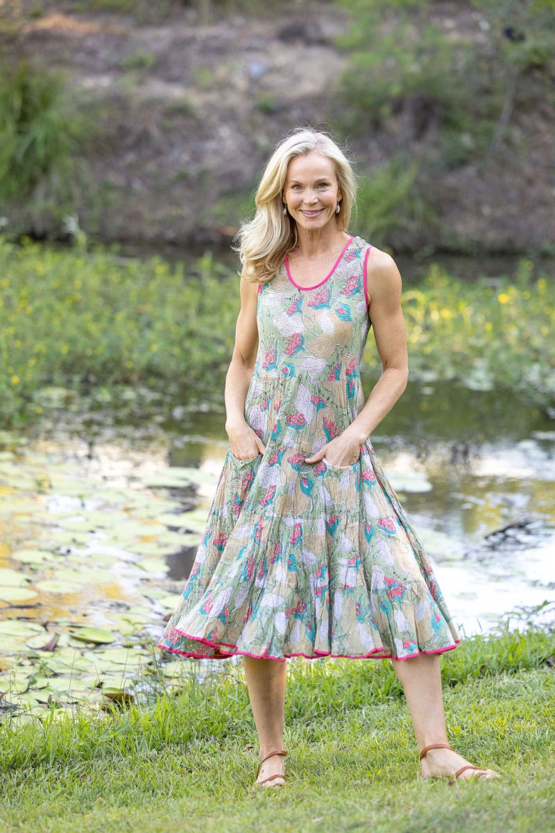 Womens, midi, Flamenco Dress, sleeveless, 100% Cotton, hand block print. Leafy Green & Pink - Raya