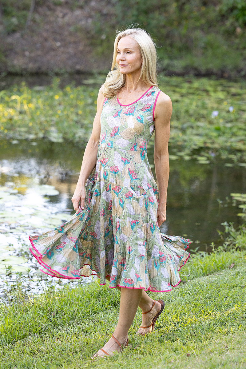 Womens, midi, Flamenco Dress, sleeveless, 100% Cotton, hand block print. Leafy Green & Pink - Raya