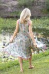 Womens, midi, Flamenco Dress, sleeveless, 100% Cotton, hand block print. Leafy Green & Pink - Raya