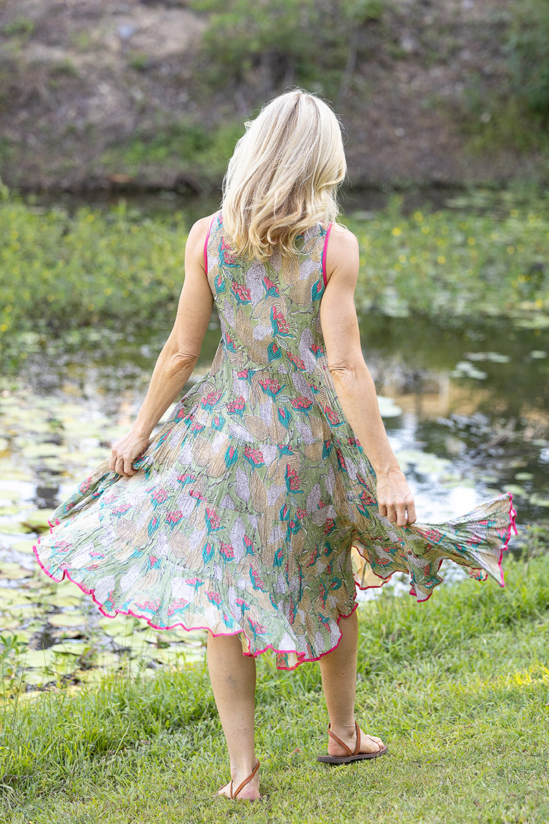 Womens, midi, Flamenco Dress, sleeveless, 100% Cotton, hand block print. Leafy Green & Pink - Raya