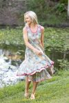 Womens, midi, Flamenco Dress, sleeveless, 100% Cotton, hand block print. Leafy Green & Pink - Raya