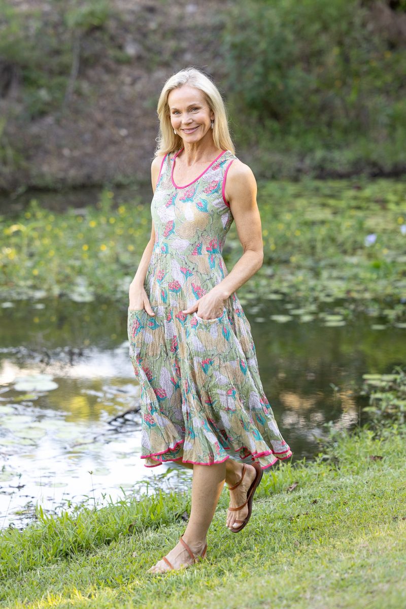 Womens, midi, Flamenco Dress, sleeveless, 100% Cotton, hand block print. Leafy Green & Pink - Raya