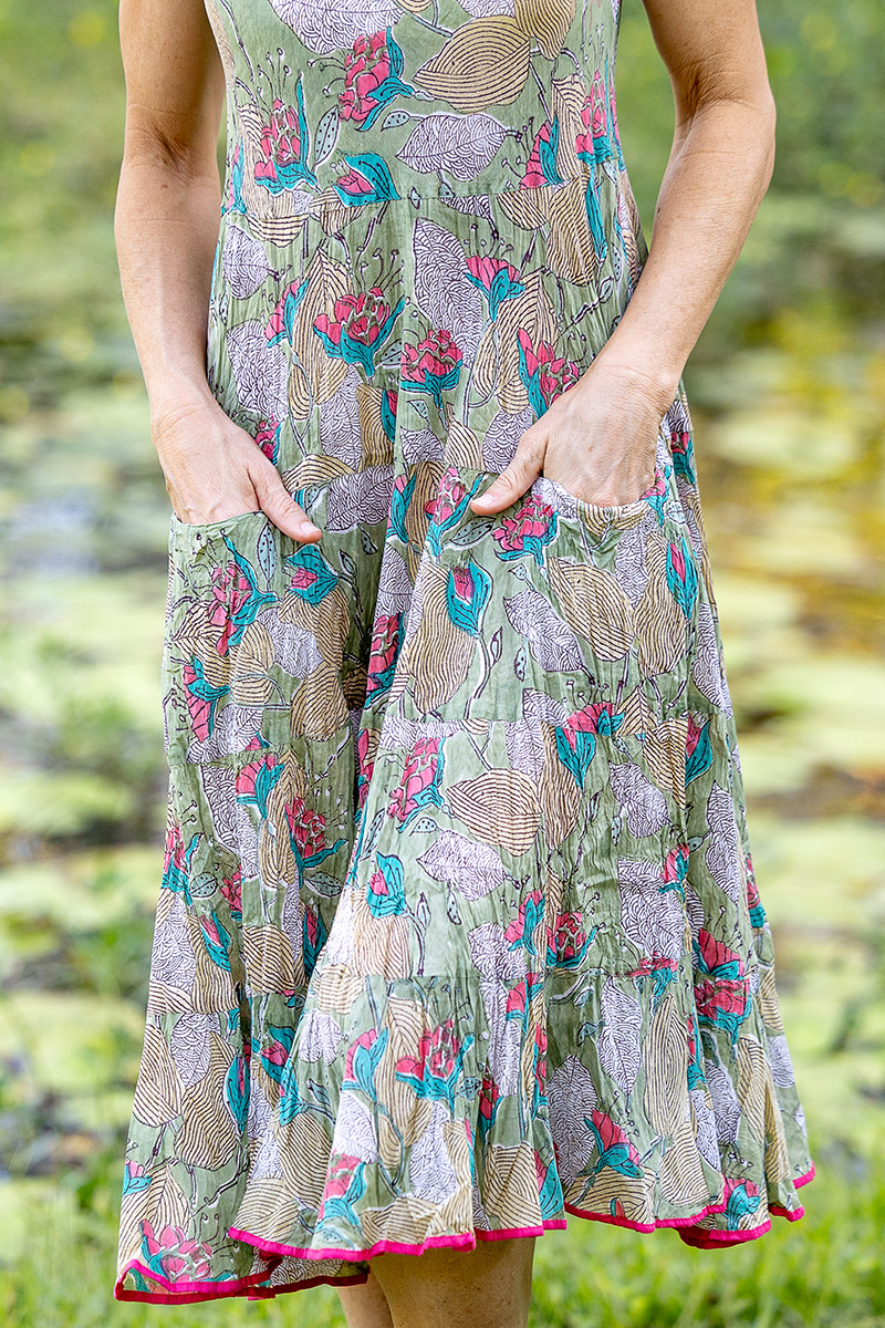 Womens, midi, Flamenco Dress, sleeveless, 100% Cotton, hand block print. Leafy Green & Pink - Raya