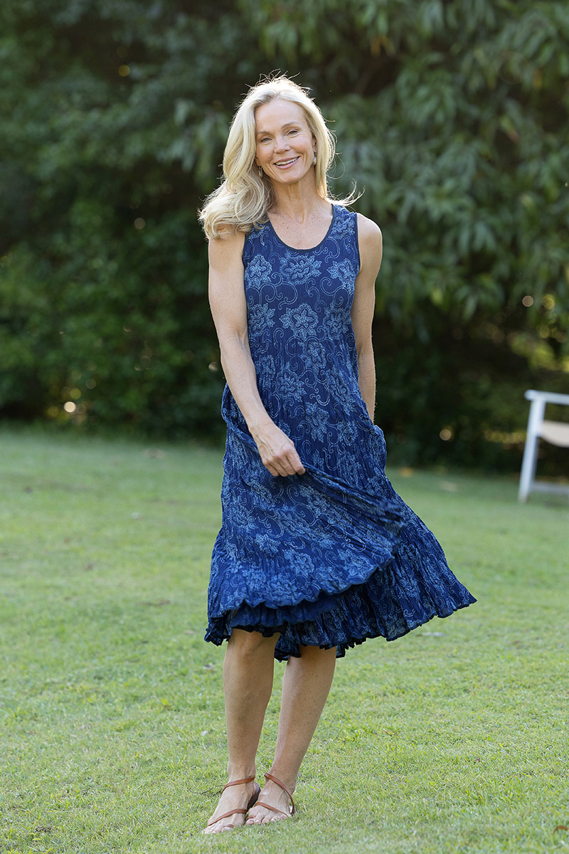 Womens, midi, Flamenco Dress, sleeveless, 100% Cotton, hand block print. In natural blue - Indigo Tara